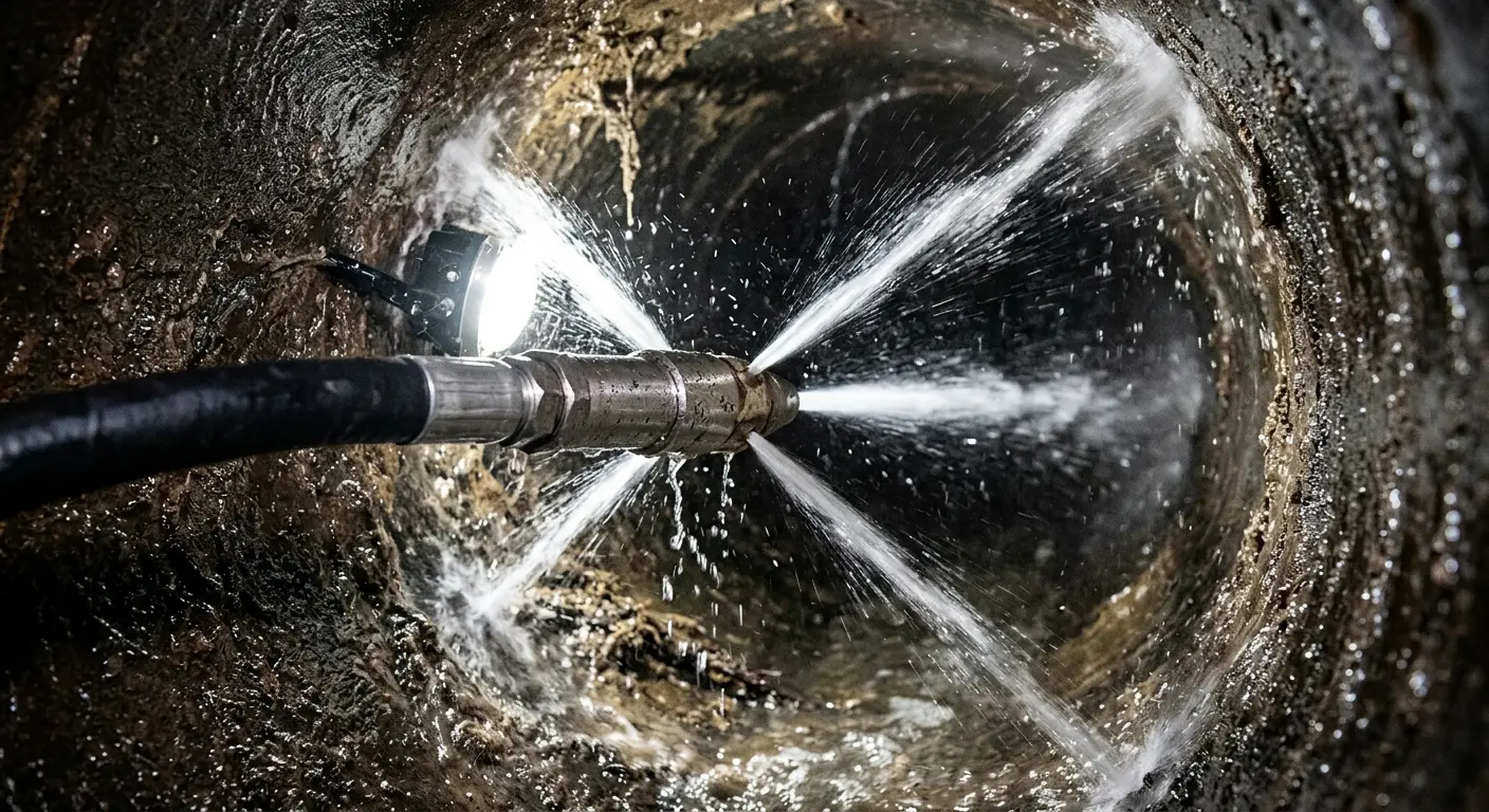 High-pressure hydro jetting nozzle cleaning sewer pipe for Sewer Cleanout in El Mirage