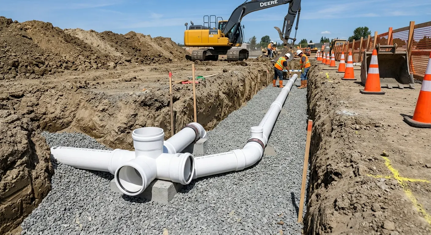 New PVC sewer pipe installation in open trench for Sewer Backup in El Mirage