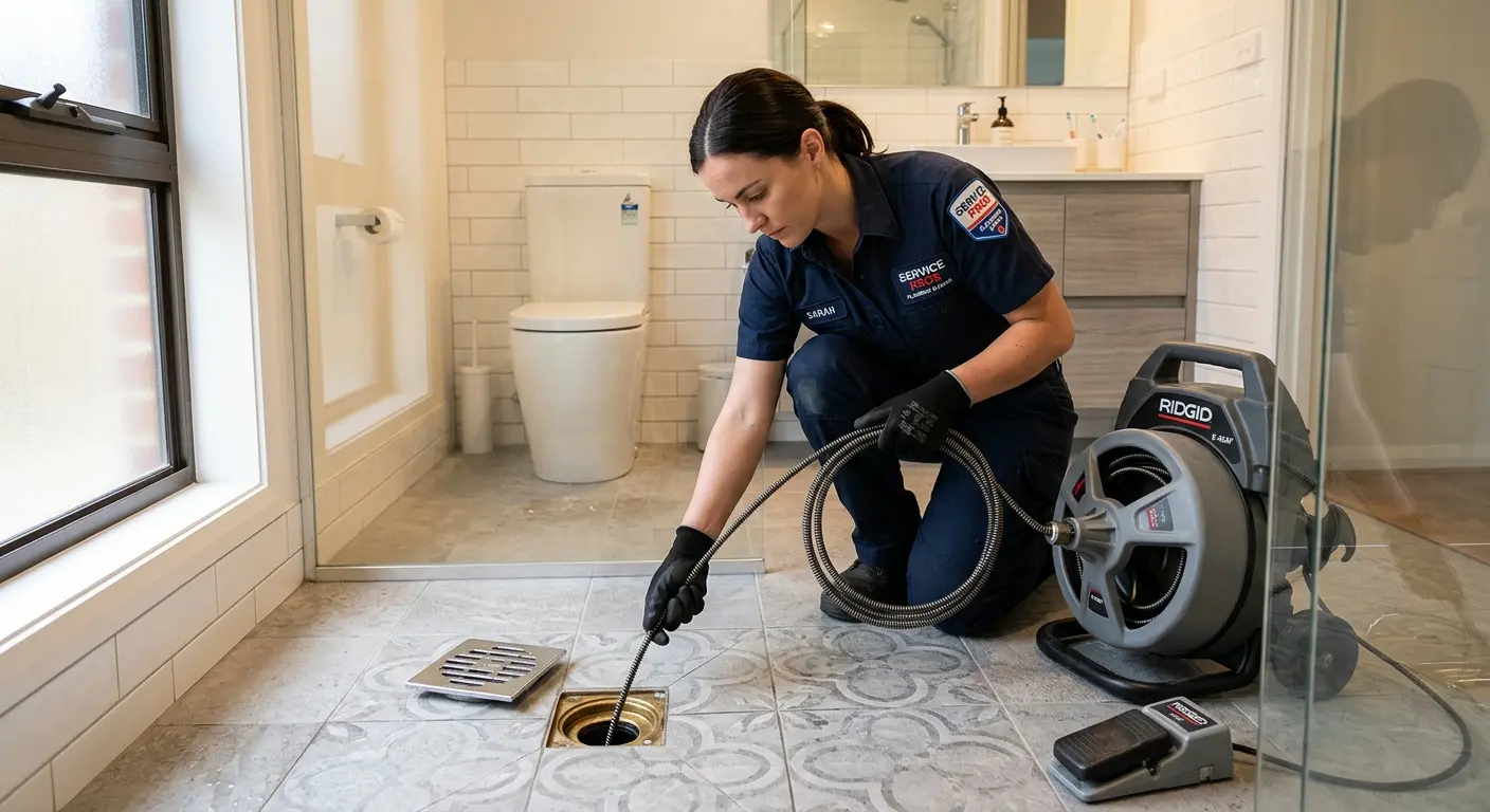 Technician clearing a bathroom floor drain for Sewer Line Replacement in El Mirage